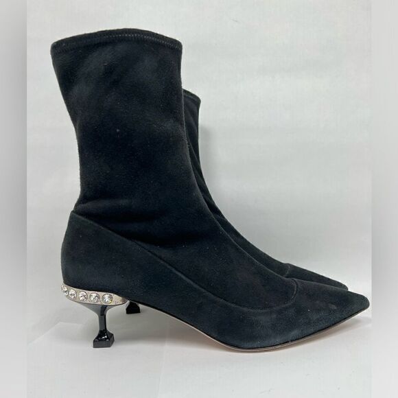 Miu Miu Women's Black Suede Kitten Heel Rhine Stone Sock Boots Size 40 US 10 - Picture 2 of 14